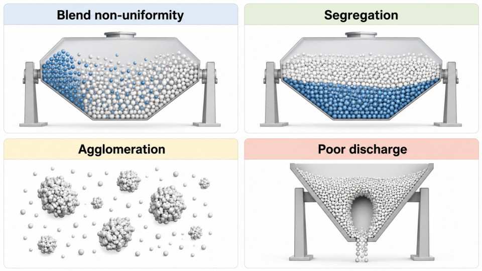 Powder segregation agglomeration and discharge problems during mixing