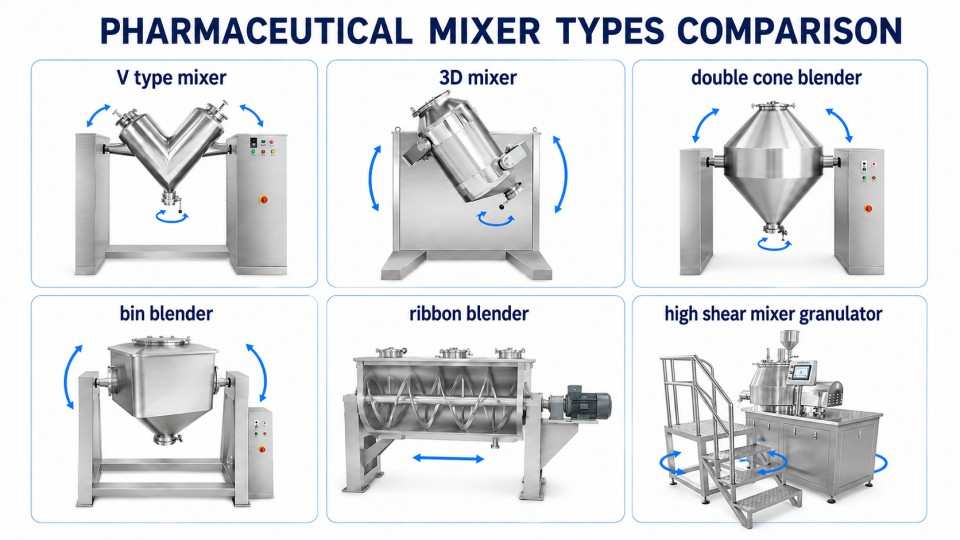 Comparison of essential pharmaceutical mixer types and mixing actions