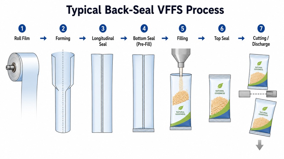 Back-seal sachet packaging process from roll film forming and filling to sealing and cutting
