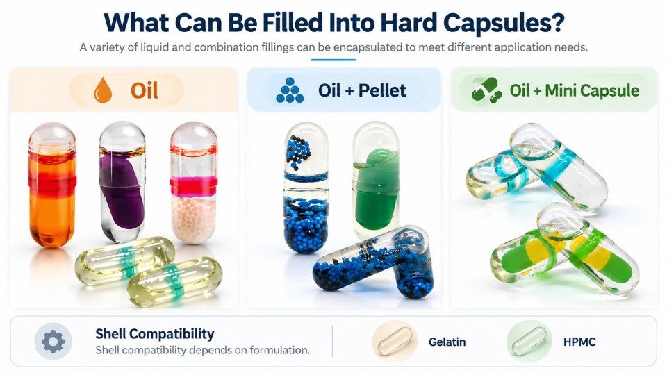 Liquid-filled hard capsule fill types including oil pellets and mini capsules with shell compatibility