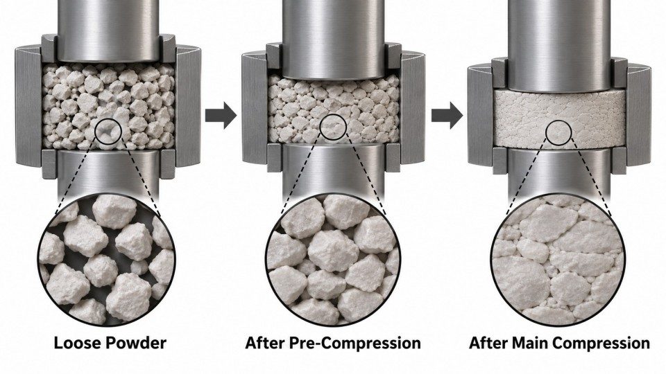 Powder particle densification during pre-compression and main compression of tablets
