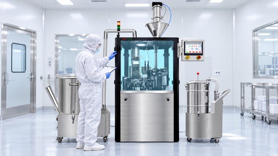 Machinery safety inspection on a capsule filling machine in a pharmaceutical cleanroom