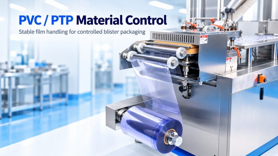 PVC forming film feeding through guide rollers on a pharmaceutical blister packaging machine