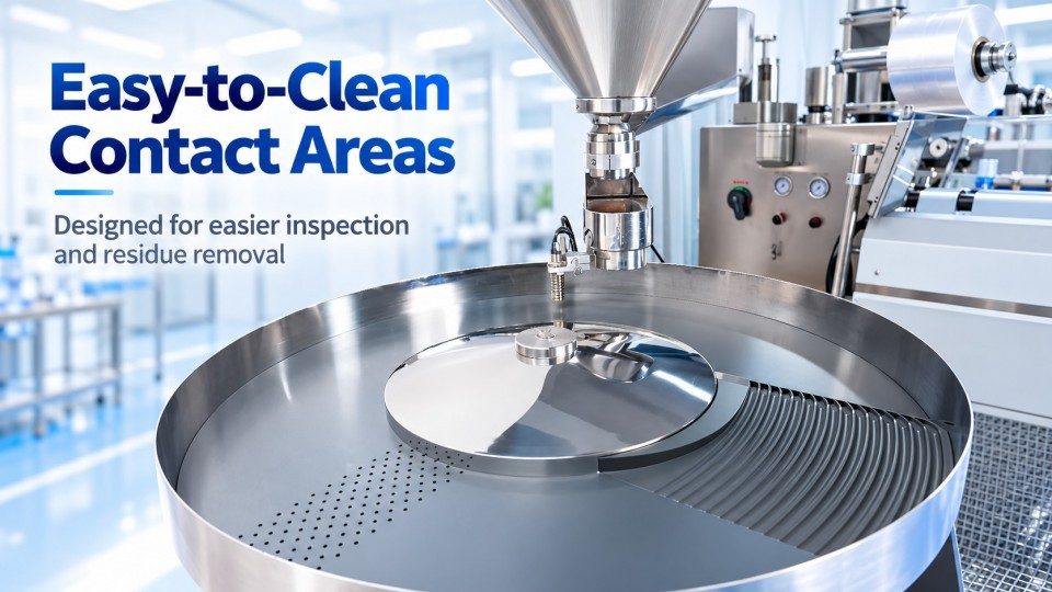 Stainless steel product contact area of a blister packaging machine designed for easier cleaning and inspection